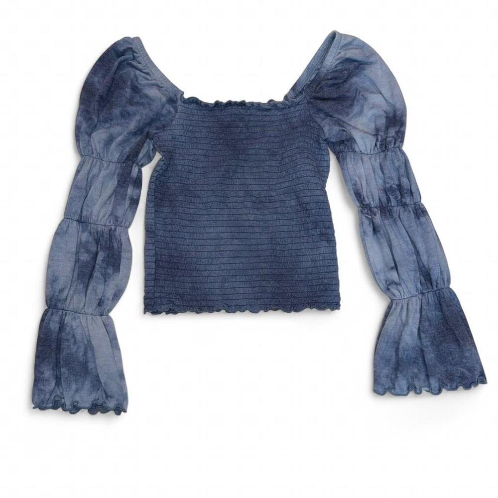 Rewash Super Soft Blue Tie Dye Smocked Bell Puff Sleeve Sz S Y2K Boho Milkmaid